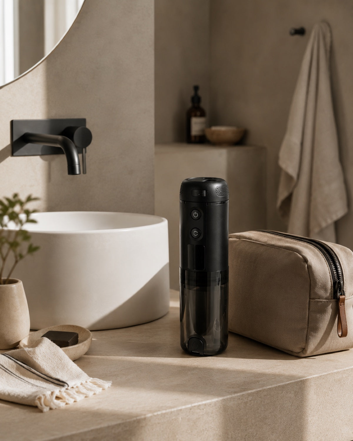 SPLASHI dans une salle de bain épurée, près d'une pochette