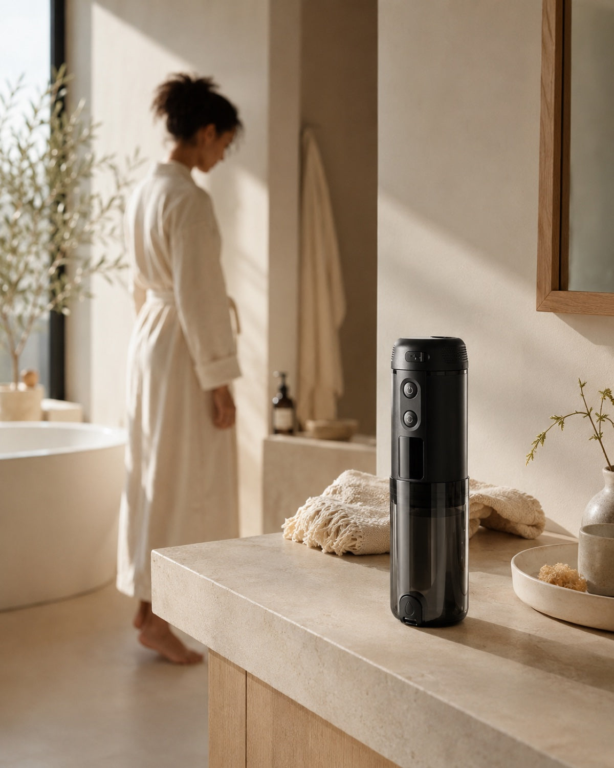 Salle de bain douce, peignoir crème, SPLASHI posé sur le plan